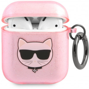 Karl Lagerfeld TPU Glitter Choupette Head Pouzdro pro Airpods 1/2 Pink