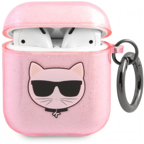 Karl Lagerfeld TPU Glitter Choupette Head Pouzdro pro Airpods 1/2 Pink