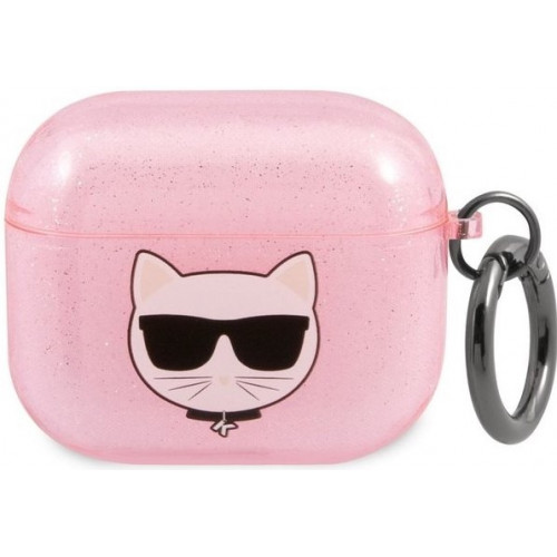 Karl Lagerfeld TPU Glitter Choupette Head Pouzdro pro Airpods 3 Pink