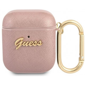 Guess Saffiano PC/PU Metal Logo Pouzdro pro Airpods 1/2 Pink