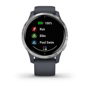 Garmin Venu Silver Stainless Steel Bezel with Granite Blue Case and Silicone Band (Eco Box)