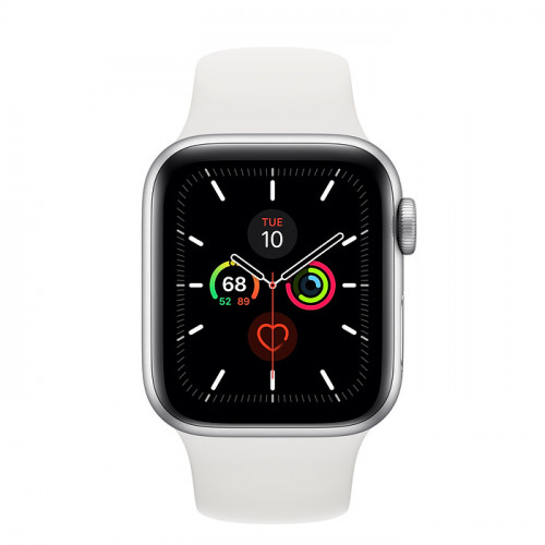 Apple Watch Series 5 • GPS + Cellular • 40mm pouzdro ze stříbrného hliníku • Bílý sportovní řemínek – S/M a M/L