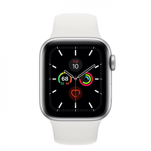 Apple Watch Series 5 • GPS + Cellular • 40mm pouzdro ze stříbrného hliníku • Bílý sportovní řemínek – S/M a M/L