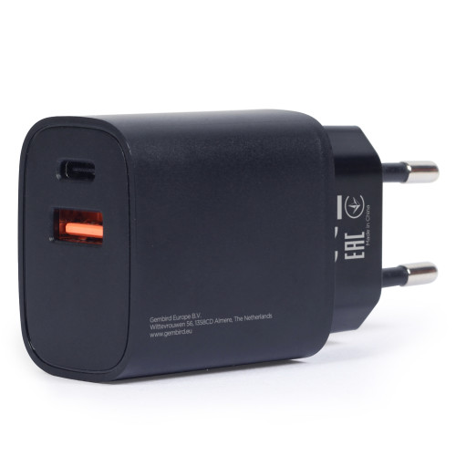 Gembird USB nabíječka s rychlým nabíjením, 1x USB-A + 1x USB-C port 18W černá